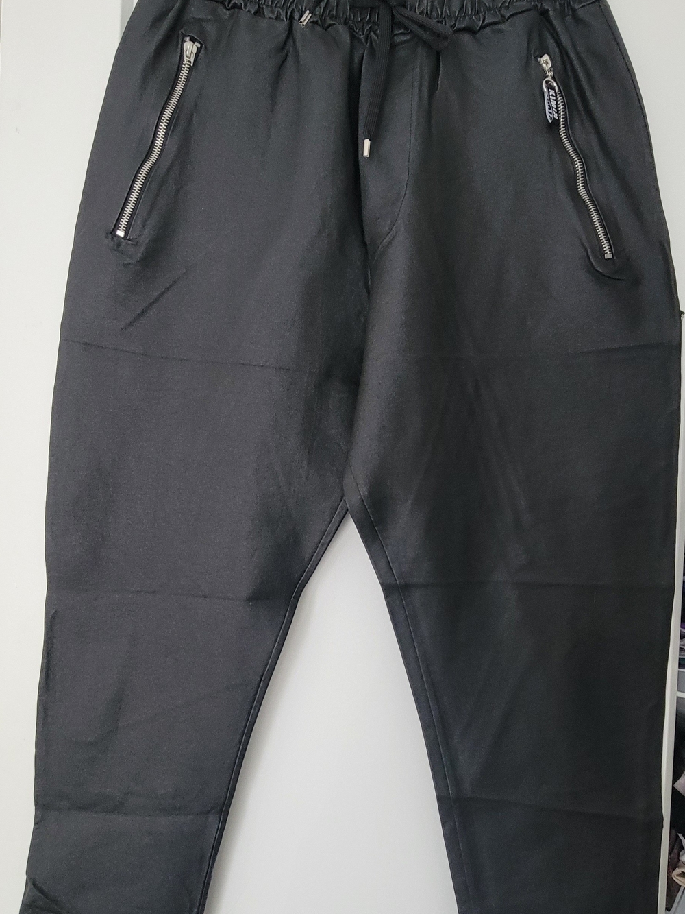 Women's Black Zip-Pocket Vegan Leather Pants with Drawstring Waist
